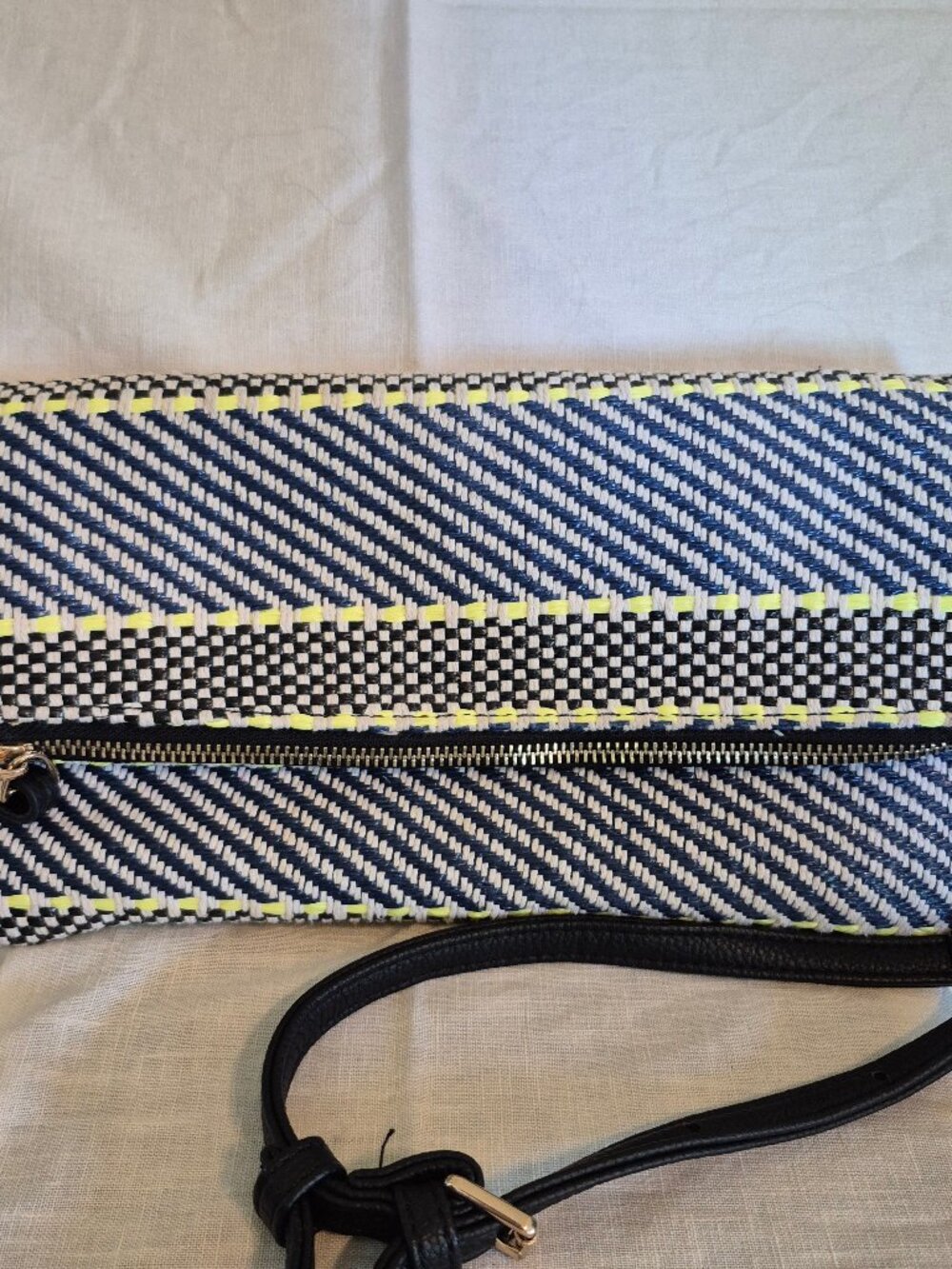 Sole Society Woven Foldover Crossbody Clutch Bag Navy White Neon Yellow Dopamine